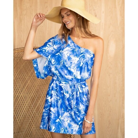 💕TRINA TURK💕 Basque Dress One Shoulder Swim Cover Up Sapphire Blue Print S NWT - Picture 1 of 16